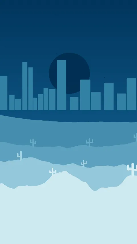 Sfondo minimale «Città nel deserto», palette ghiaccio, modo scuro